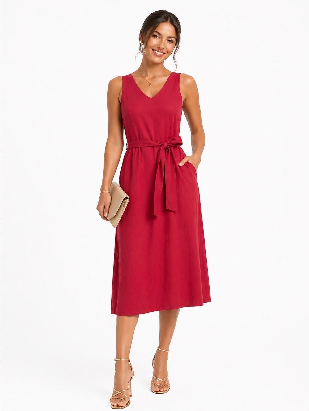 Ann Taylor Sleeveless V-Neck Tie-Waist Midi Dress in Berry Red
